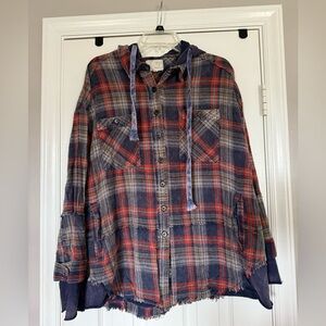 Oli & Hali Red and Navy Flannel Hooded Button Up Top size small